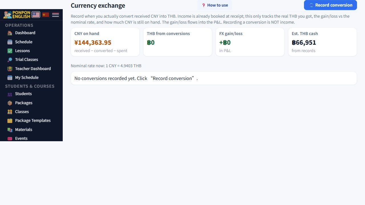 Currency exchange: CNY-to-THB balances and conversion records.