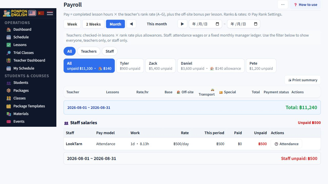 Payroll: All, Teachers and Staff filters, including LookTarn.
