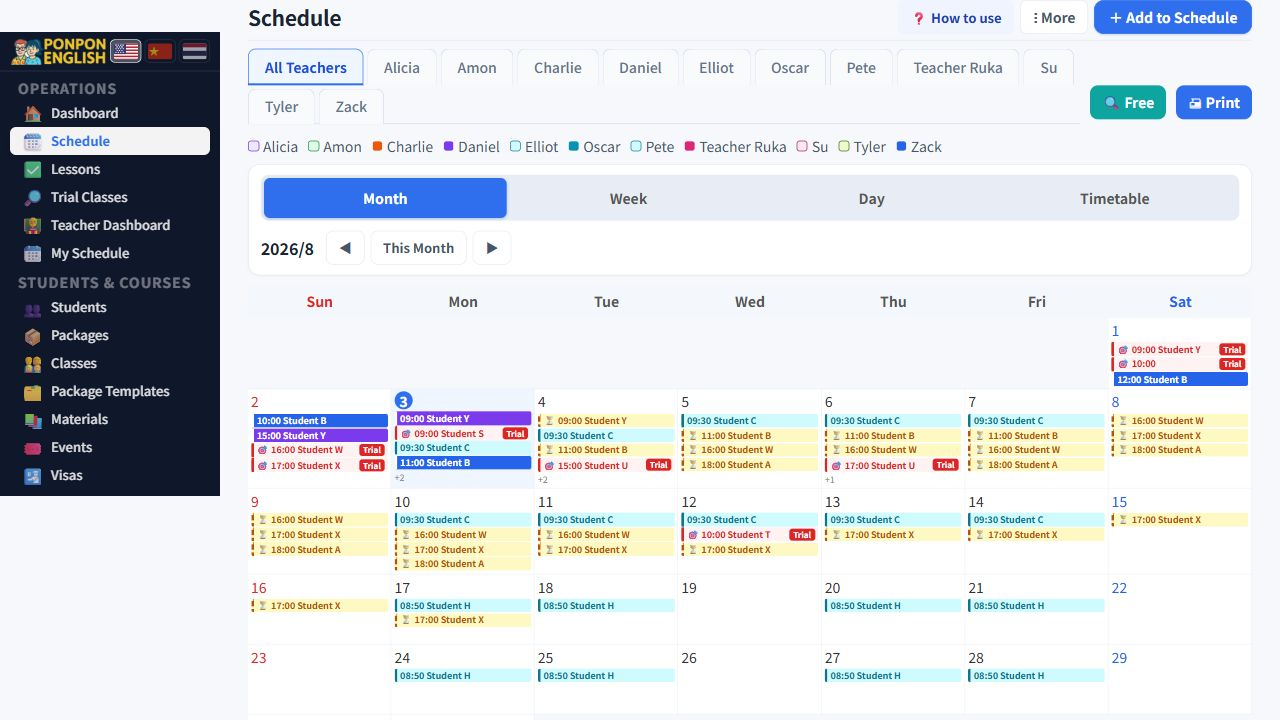 Schedule: the current month calendar with demo student labels.